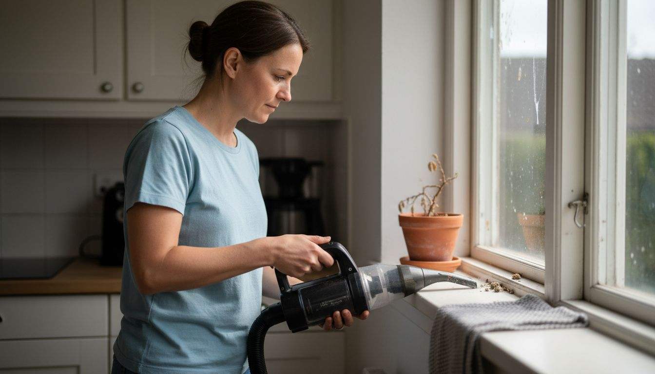 En kvinde er i gang med at støvsuge vindueskarmen for støv og snavs.