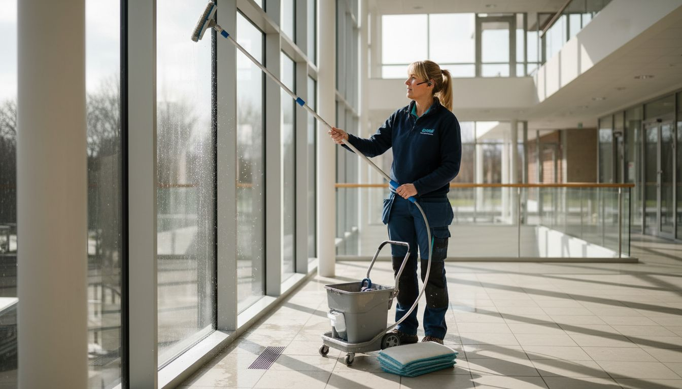 En fagmand demonstrerer det nyeste udstyr til vinduespudsning