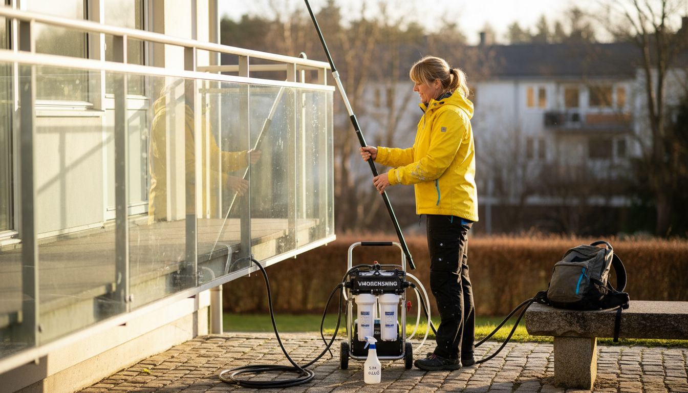 Vinduespudseren sørger for at bruge miljøvenligt udstyr, når der pudses vinduer på altanen.