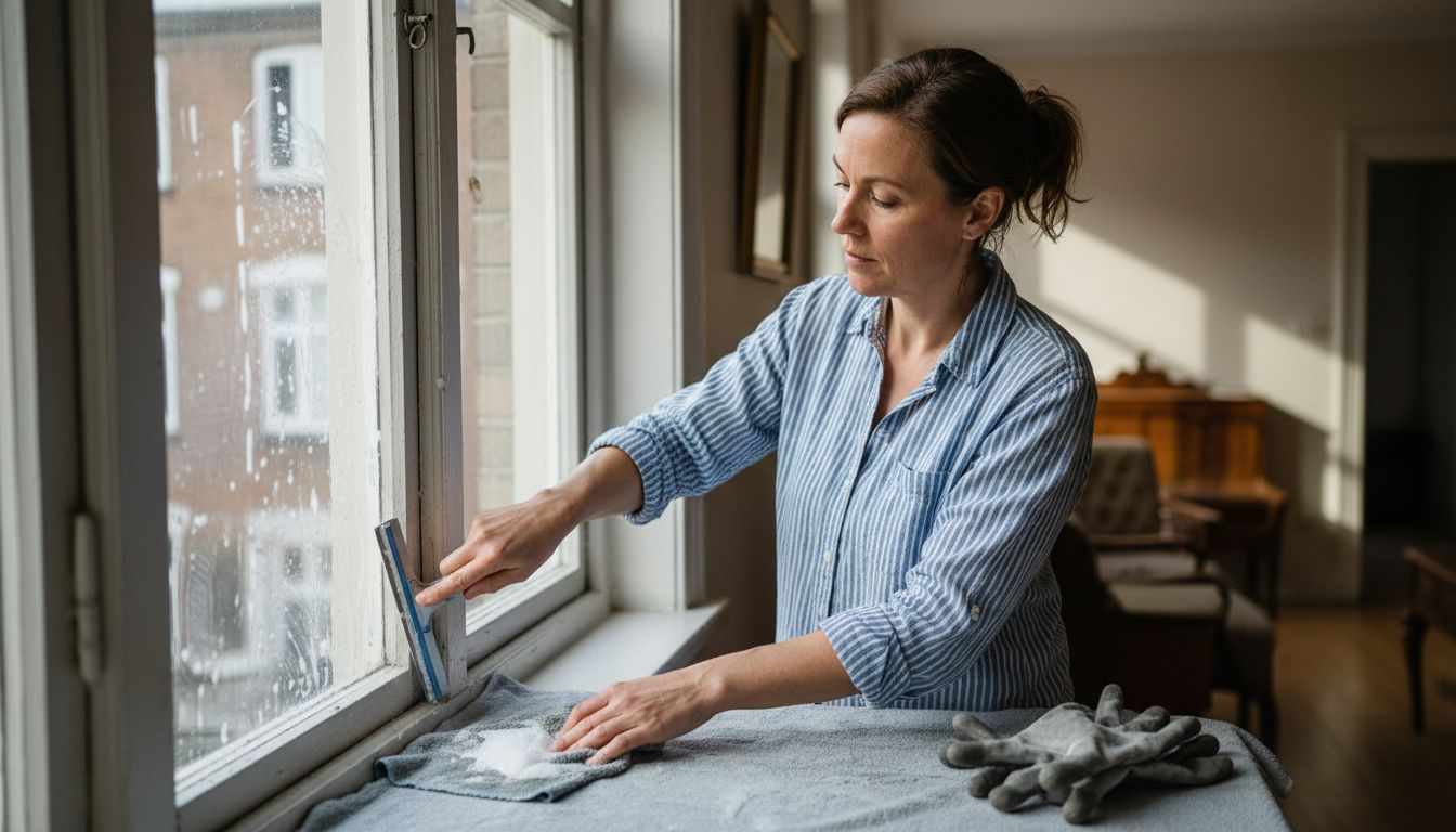 En kvinde går grundigt til værks og pudser vinduer med stor omhu.