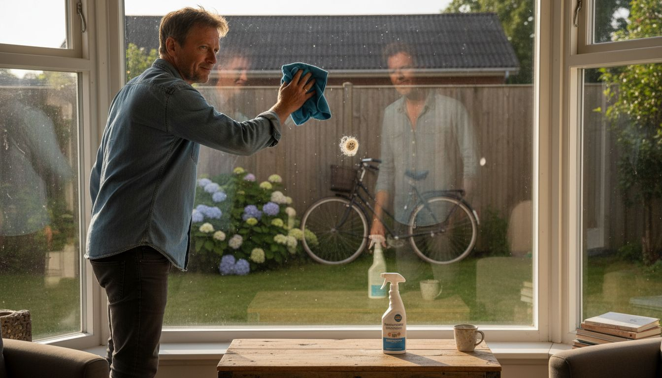 En mand pudser vinduet med en mikrofiberklud.