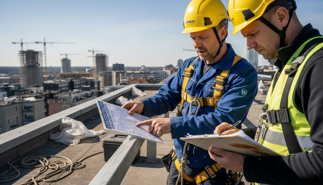 Vinduespudsere gennemgår sikkerhedsprocedurer på taget