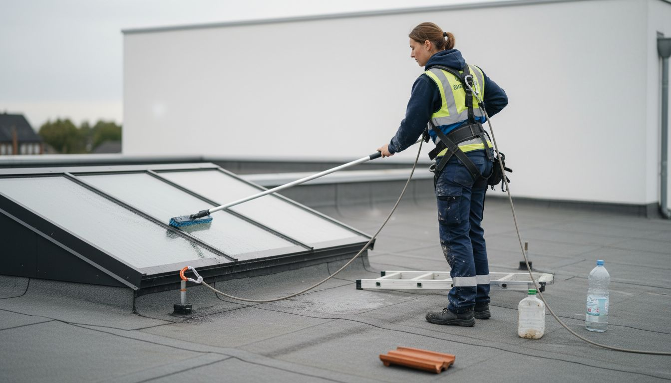 En vinduespudser arbejder på taget iført sikkerhedssele og andet udstyr for at passe på sig selv.
