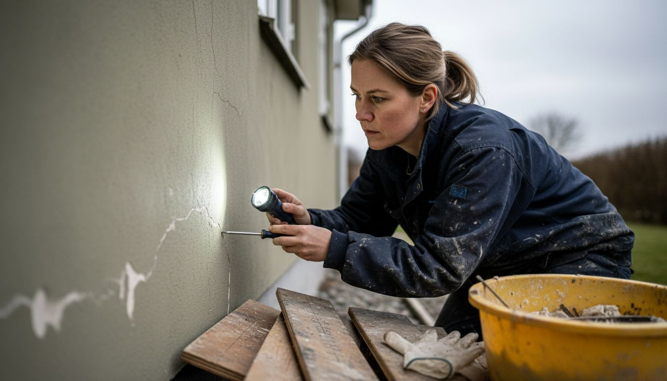 En bygningsinspektør gennemgår skader i pudset på husets facade