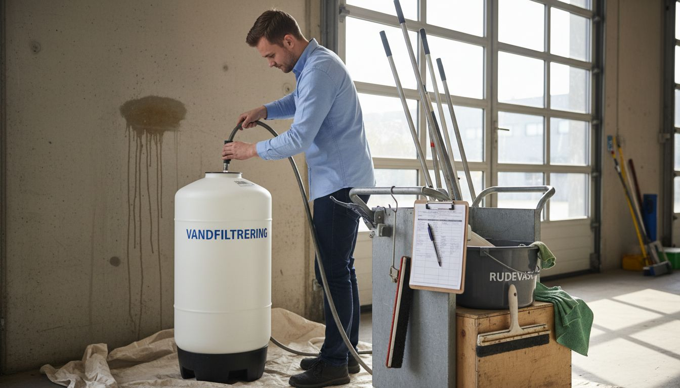 Lederen gør klart med filtreret vand til vinduespudsningen.