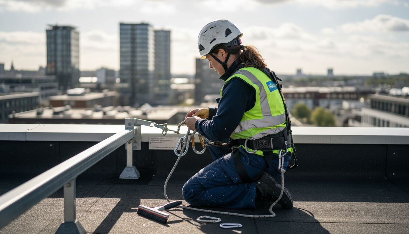 Kvinde afprøver sikkerhedsudstyr til vinduespudsning