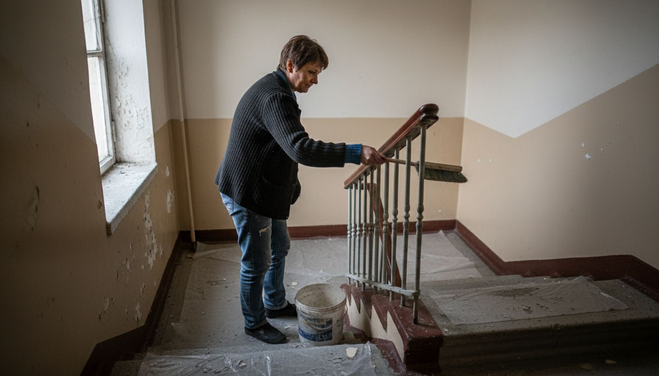 En kvinde tørrer støvet af gelænderet i opgangen