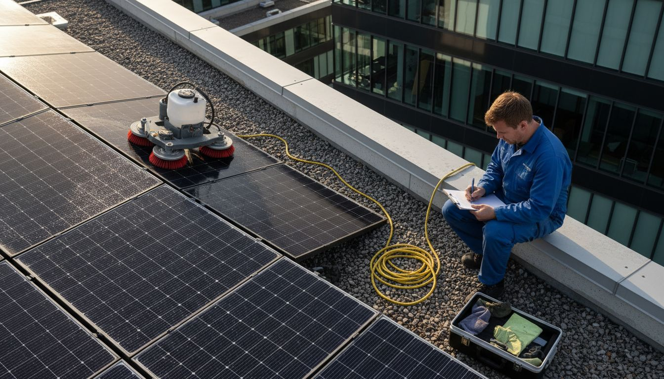 En robot er i gang med at rengøre solpanelerne på taget af kontorbygningen.