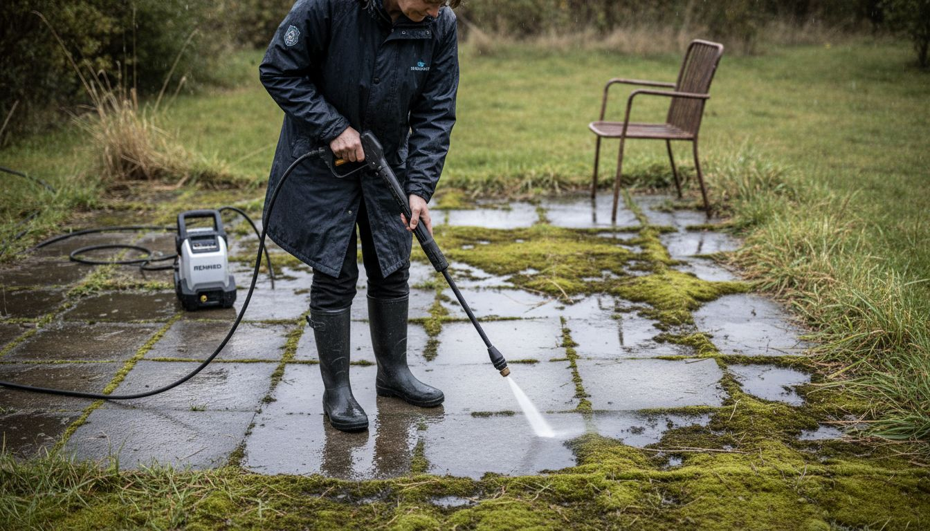 En kvinde står og rengør sin stenterrasse med en højtryksrenser for at få fjernet mosset.