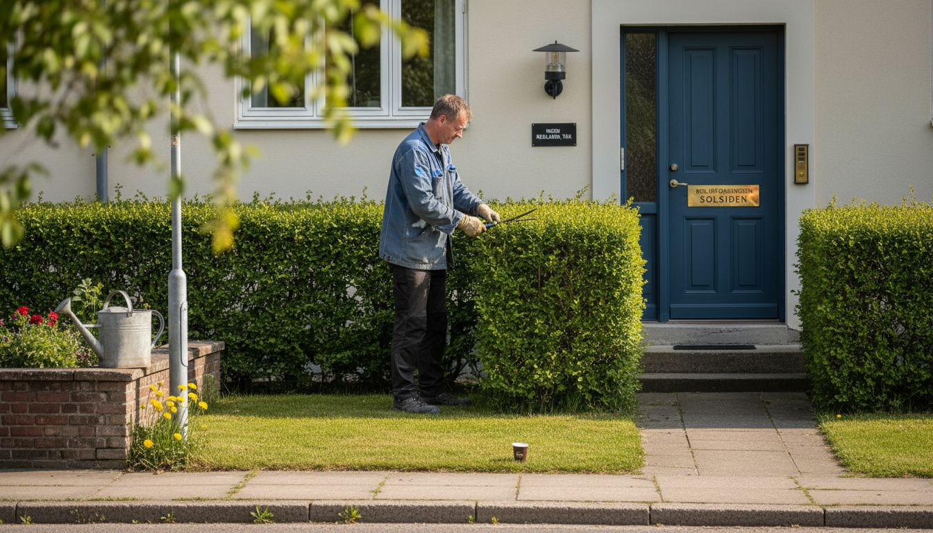 Ejendommens vicevært er i gang med at klippe hækken, så området står pænt og velholdt.