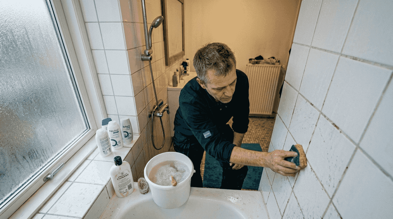 Mand fjerner kalkbelægninger fra fliserne på badeværelset