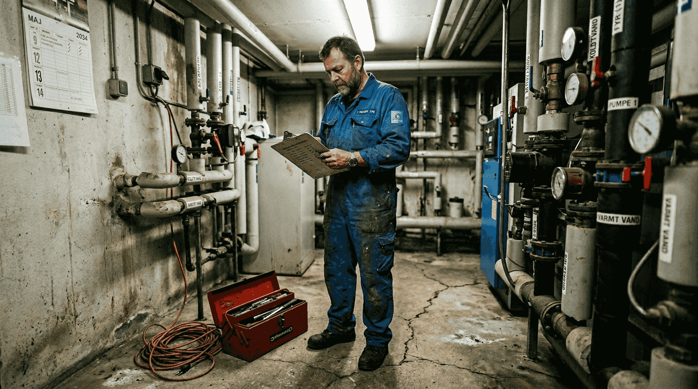 En tekniker gennemgår bygningens installationer nede i kælderen.