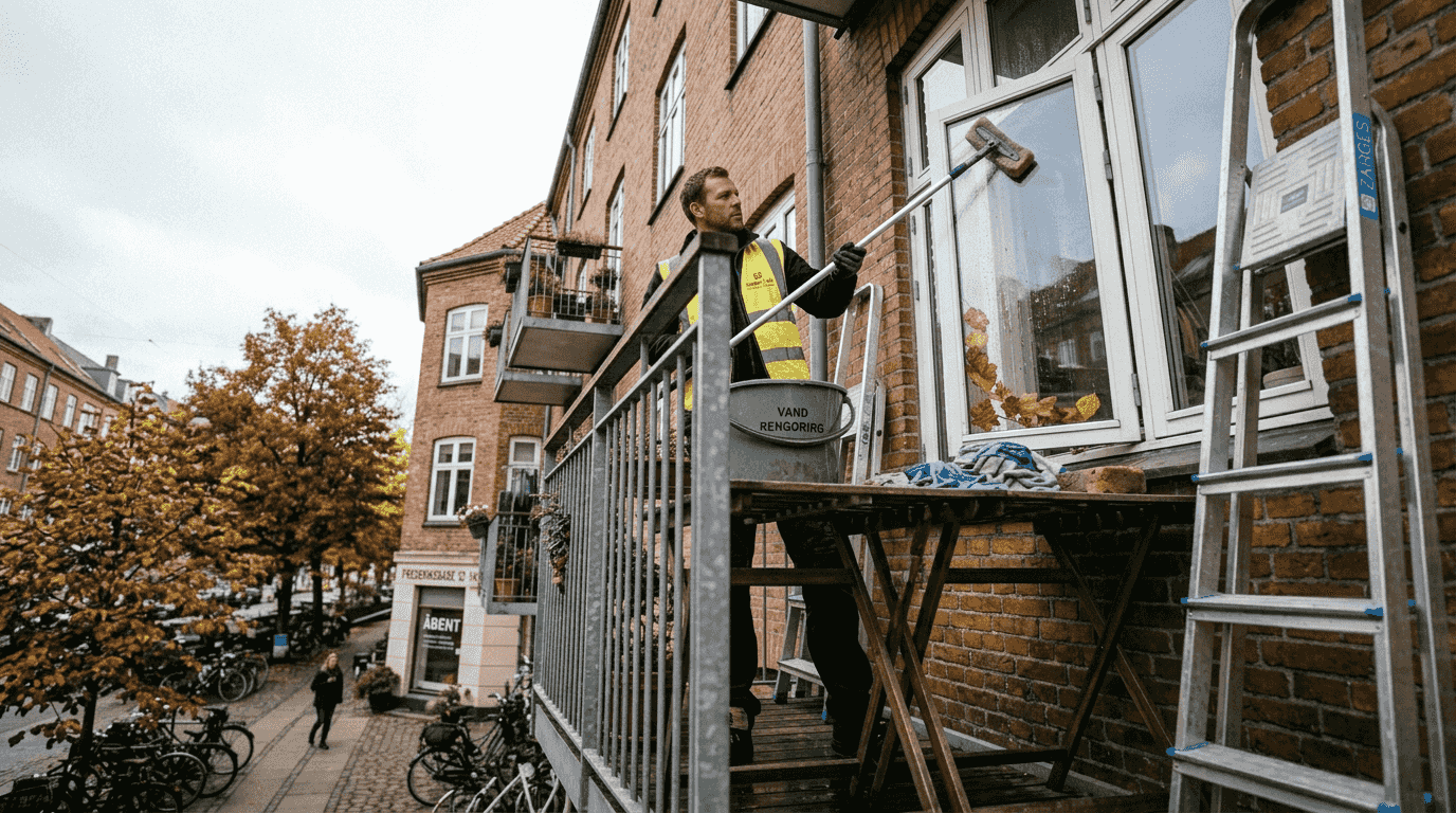 En vinduespudser er i gang med at rengøre vinduerne på altanen i en etageejendom.
