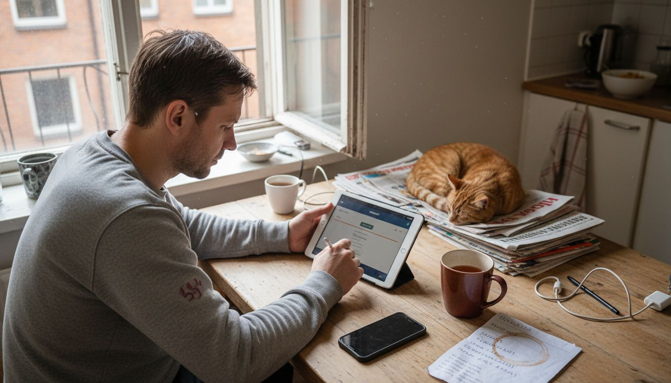 En man sköter sina ärenden online vid köksbordet.
