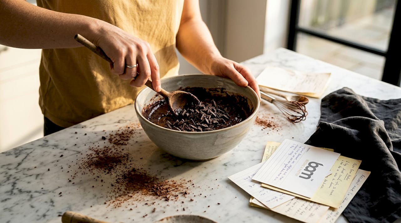 Vmešavanje temne čokolade v testo za brownije