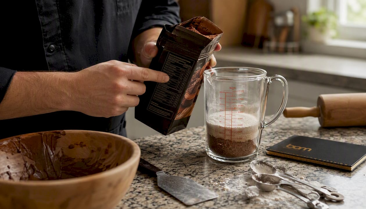 Hands reading cocoa powder fat content label