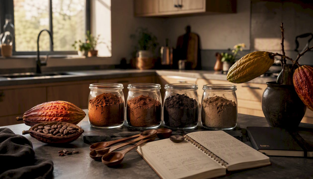 Four types of cocoa powder in bowls overhead