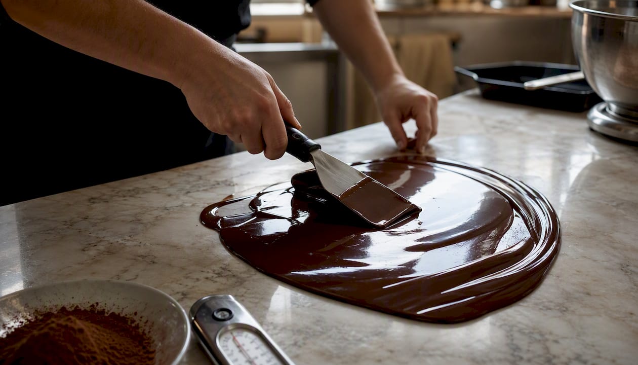 Hands smoothing tempered dark chocolate
