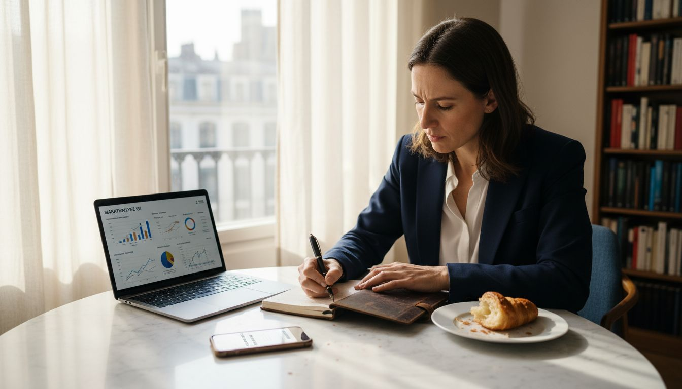 Eine Frau bereitet sich gründlich auf ein anstehendes Immobiliengespräch vor und macht sich dazu ausführliche Notizen.