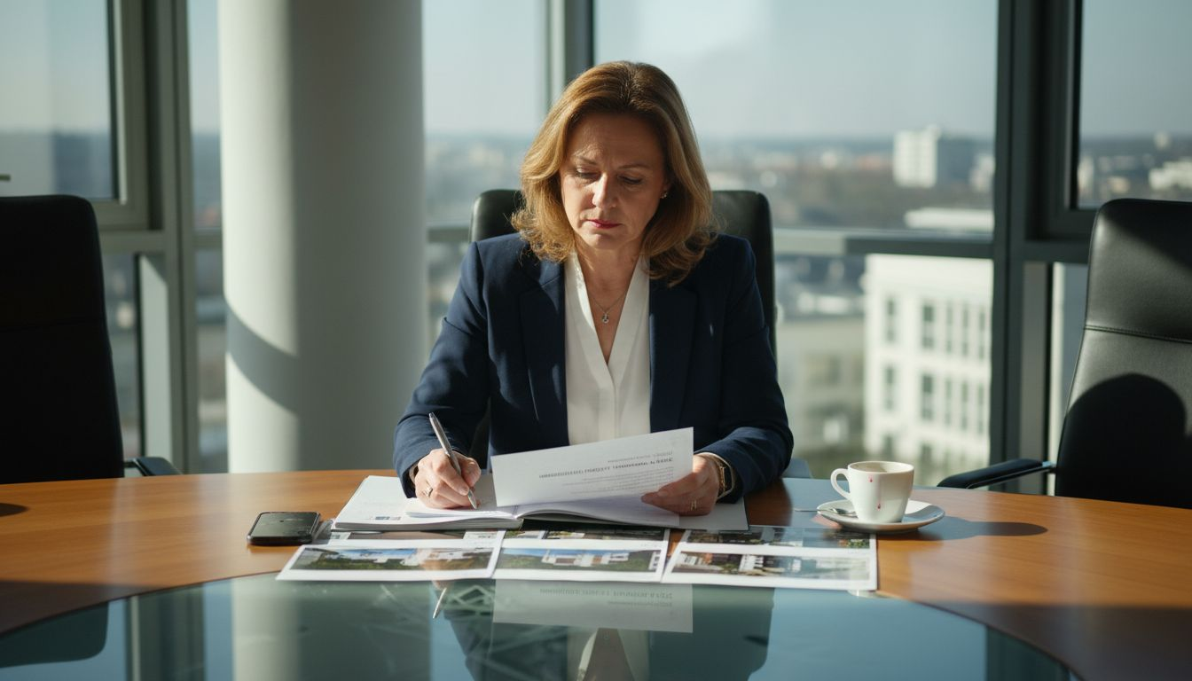 Eine Frau sichtet während einer Besprechung die Unterlagen zu einer Immobilie.