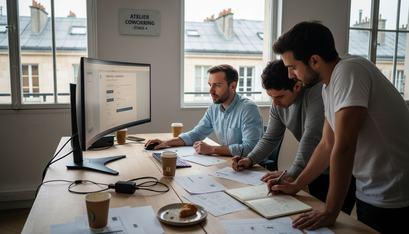 L’équipe web travaille ensemble au bureau sur un projet concret.