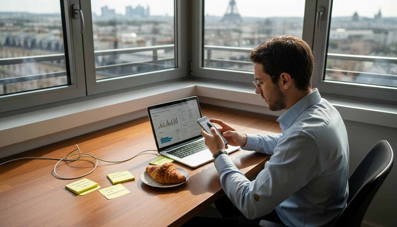 Un entrepreneur du secteur tech passe en revue les notifications de son application mobile, installé à son bureau.