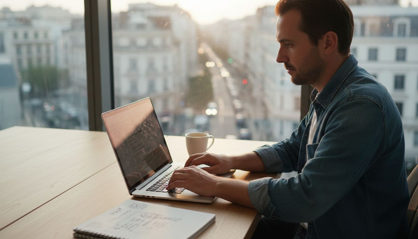 Ingénieur web spécialisé en intelligence artificielle, installé dans un bureau baigné de lumière.