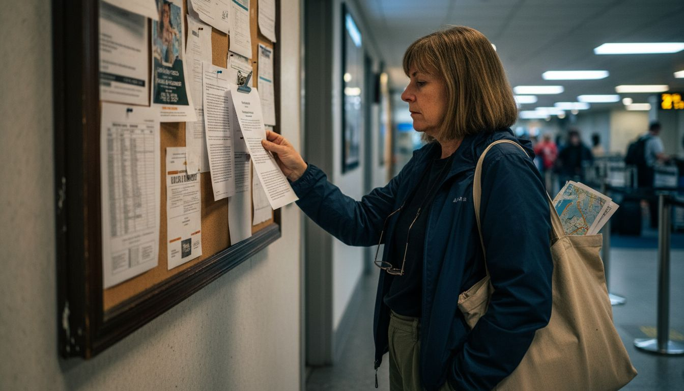Woman reading airline disruption notice