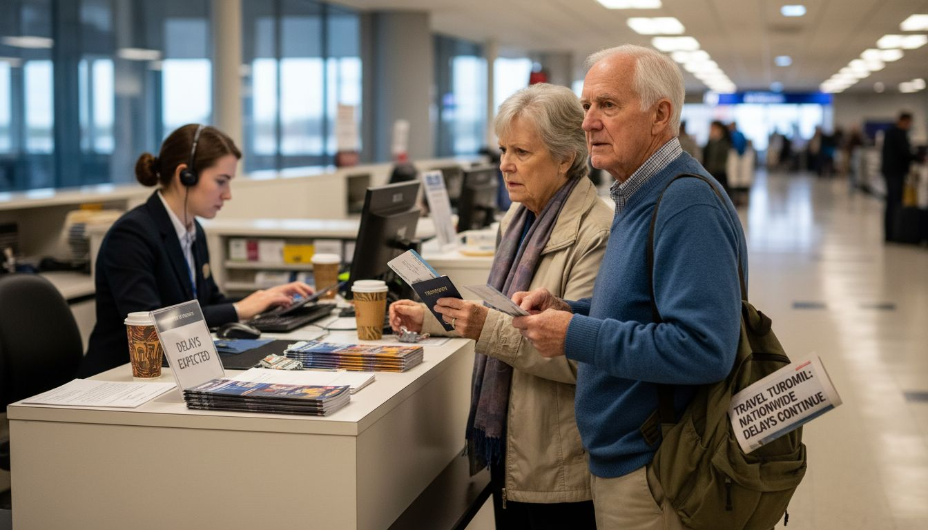 Passengers queuing at airline service desk