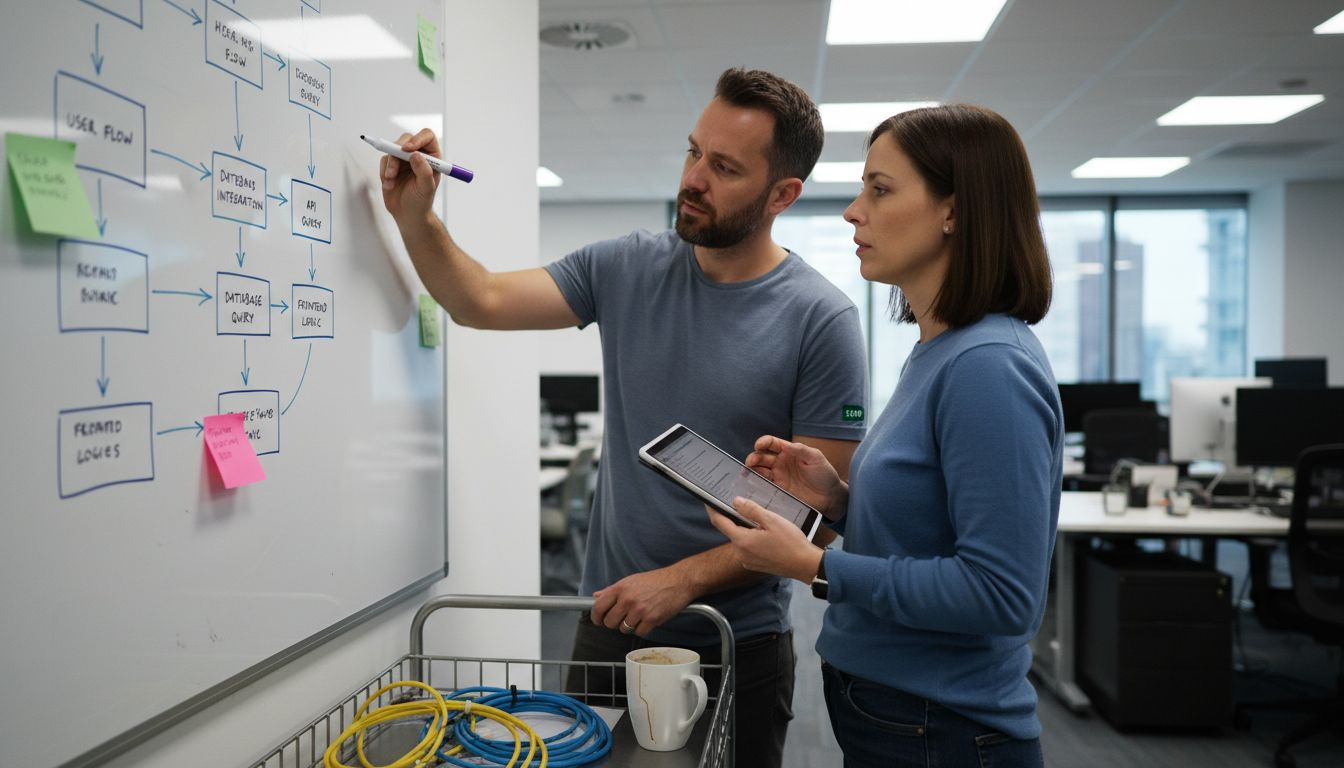 Developers review website architecture flowchart