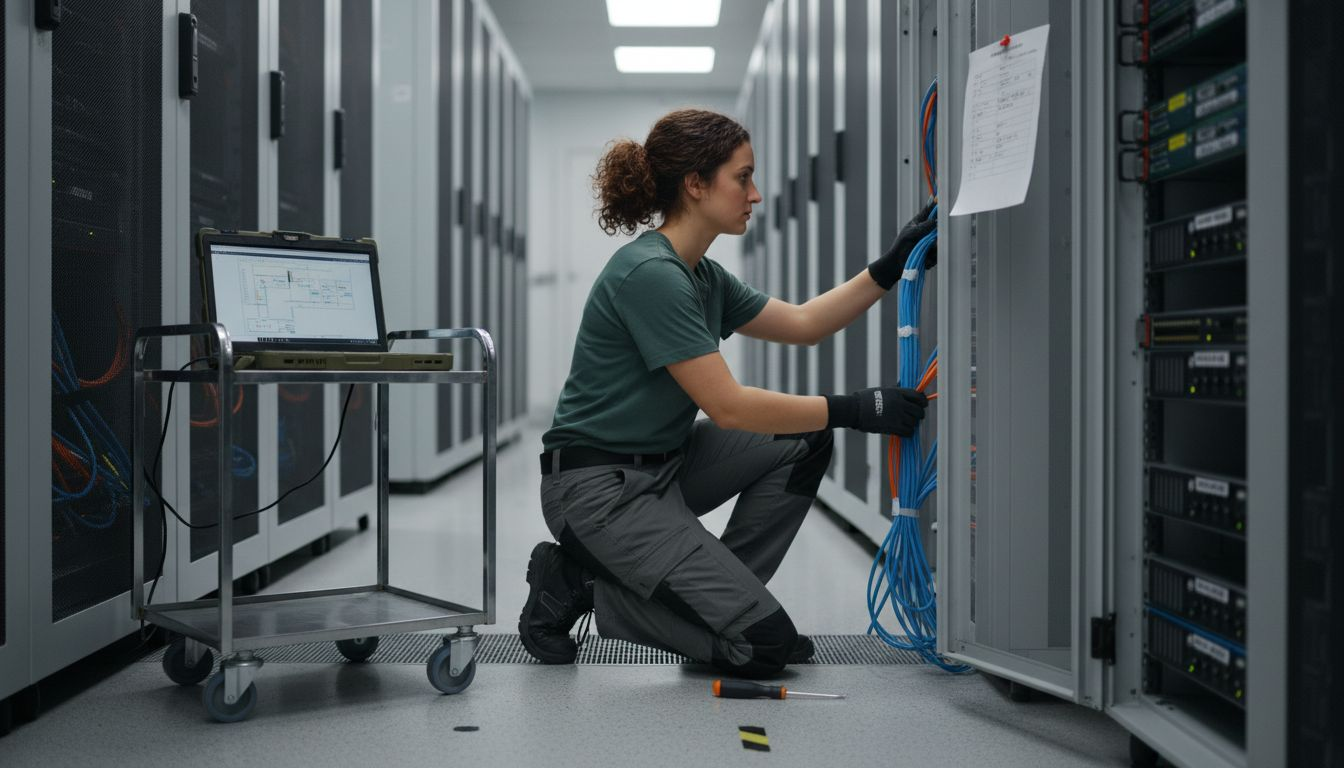 Engineer checks cables in busy server room