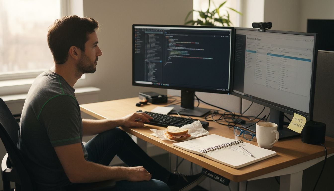 Developer performing maintenance at cluttered desk