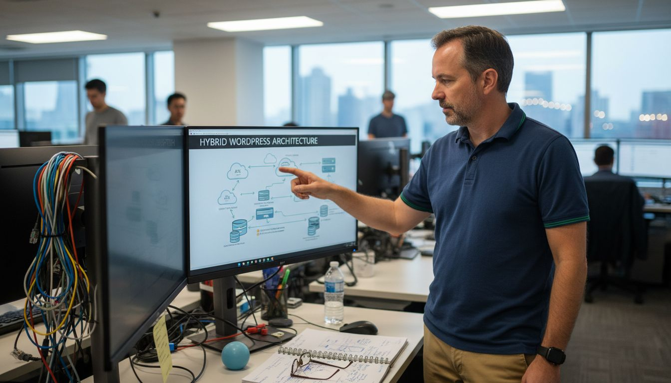IT architect reviewing hybrid WordPress diagram