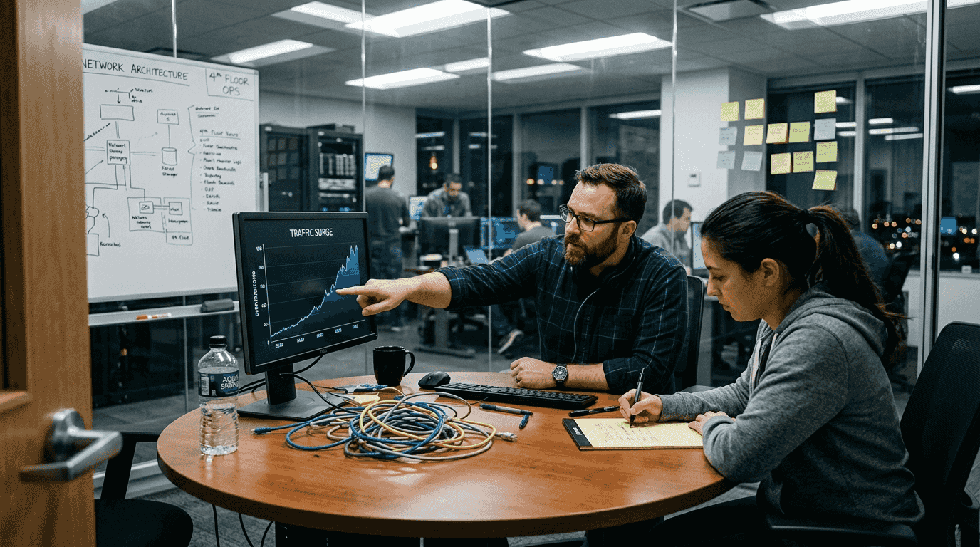 IT staff reviewing traffic spike analytics