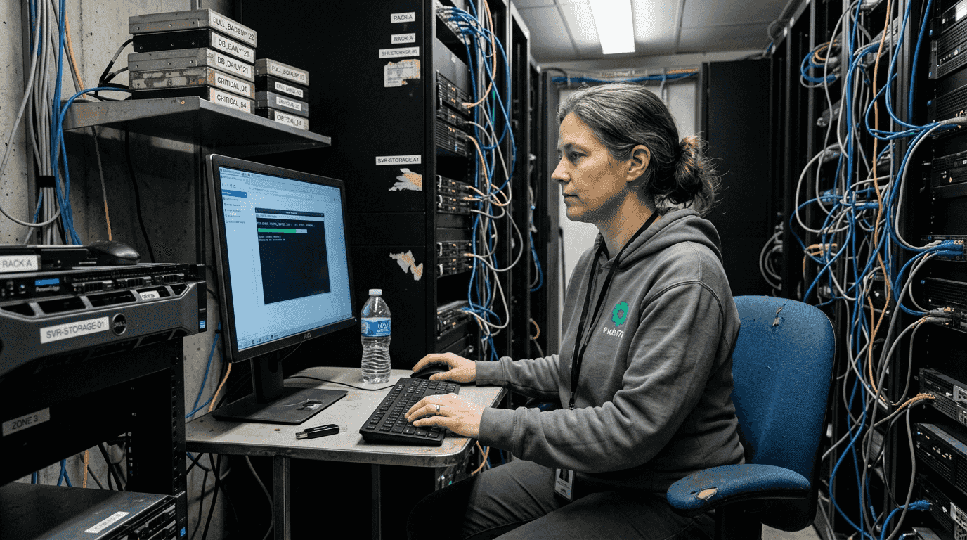 Sysadmin performing website backup in server room