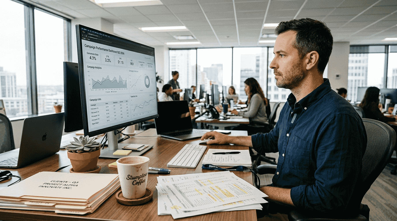 Manager reviewing campaign analytics at desk
