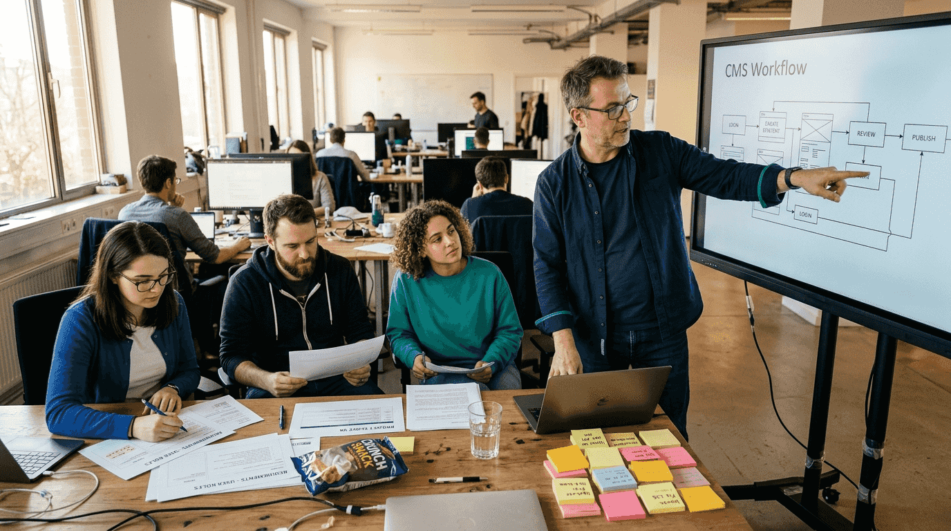 Manager reviews custom CMS workflow screen