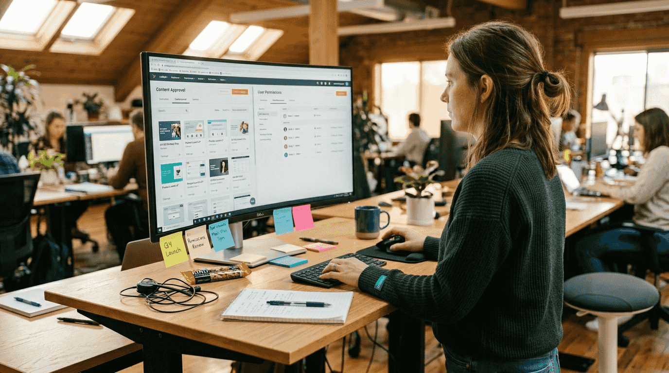 Manager configuring CMS dashboard at desk