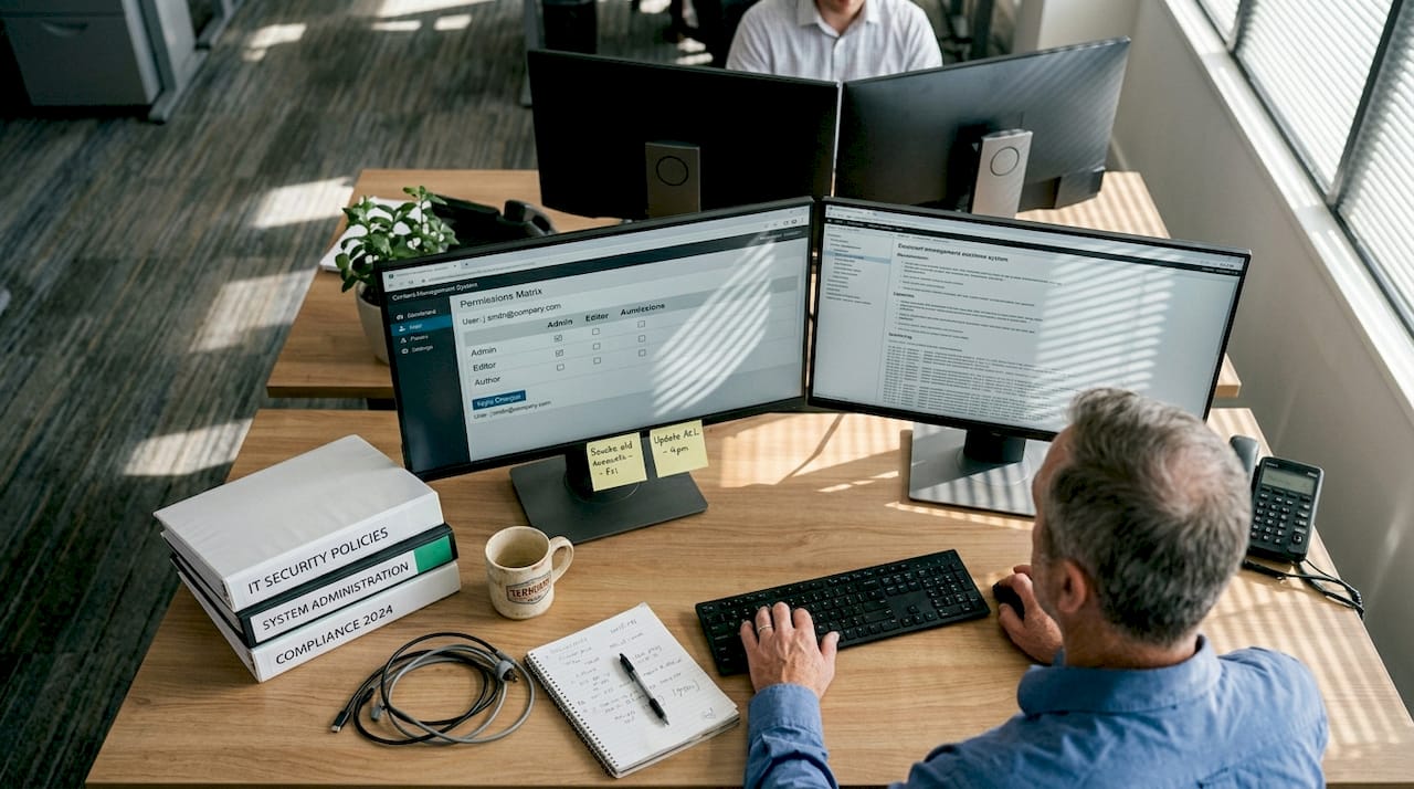 IT manager adjusts CMS in open-plan office