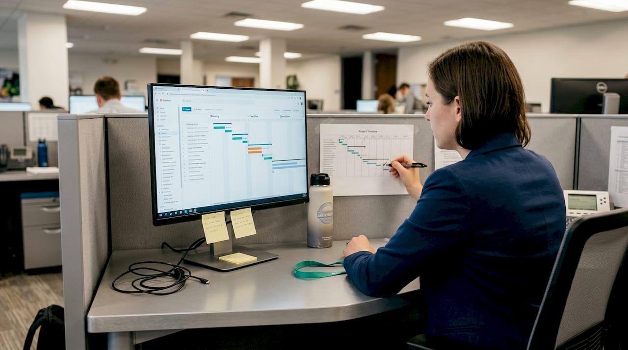 Manager checks campaign timeline at desk