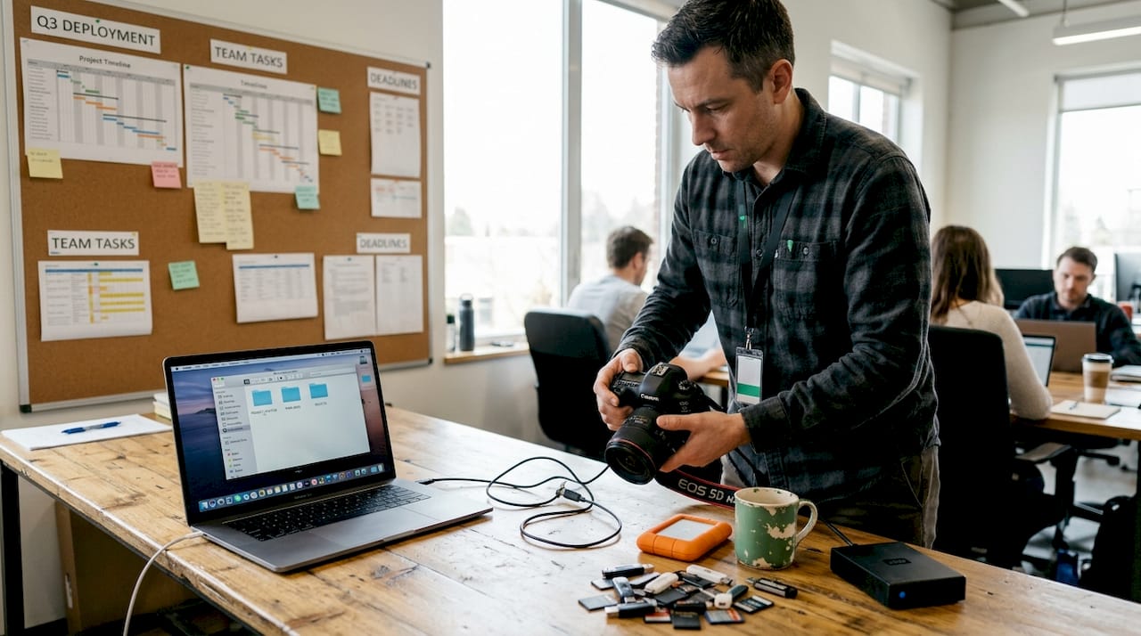 IT specialist uploads assets in workflow station