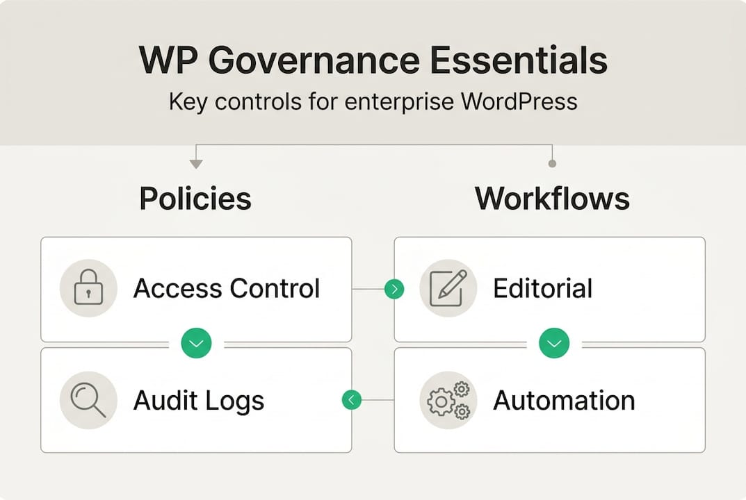 Infographic showing enterprise WordPress governance essentials