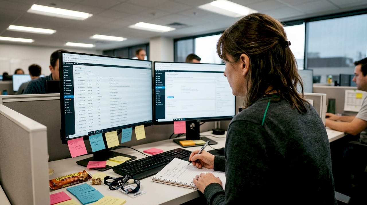 Administrator reviews WordPress audit logs in office