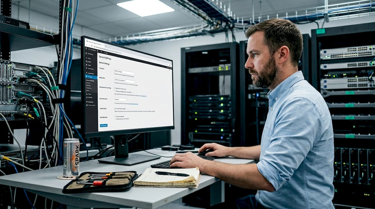 IT specialist updating WordPress in server room