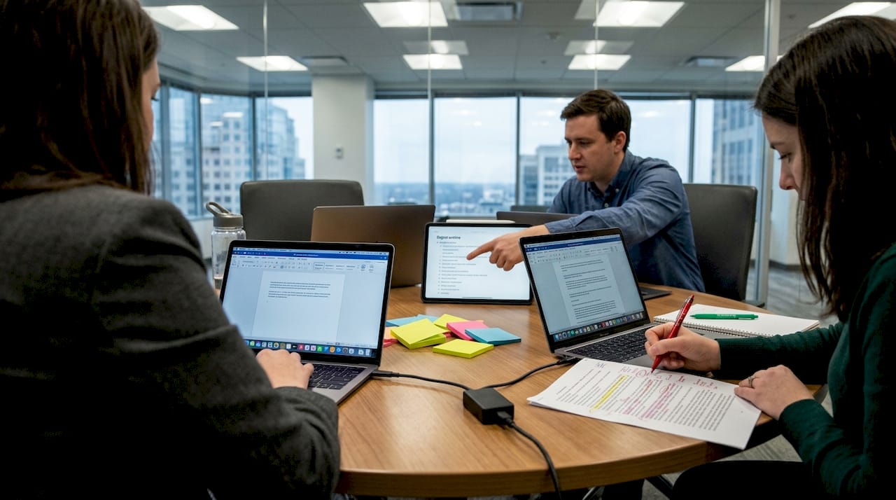 Team working together on content drafting