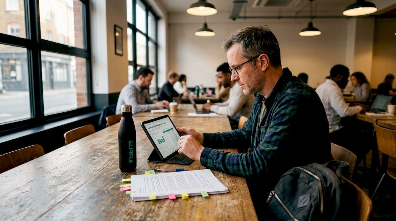 Marketer comparing landing page types on tablet