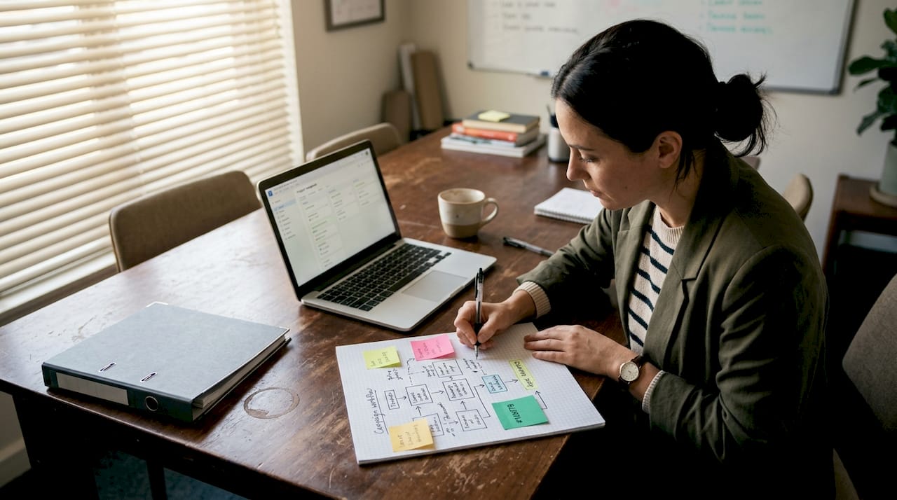 Marketer drawing campaign workflow on notepaper