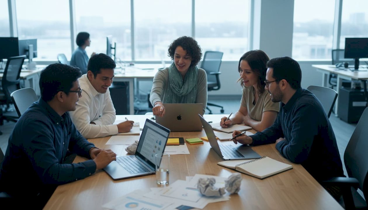 Team discussing workflows around open-plan table