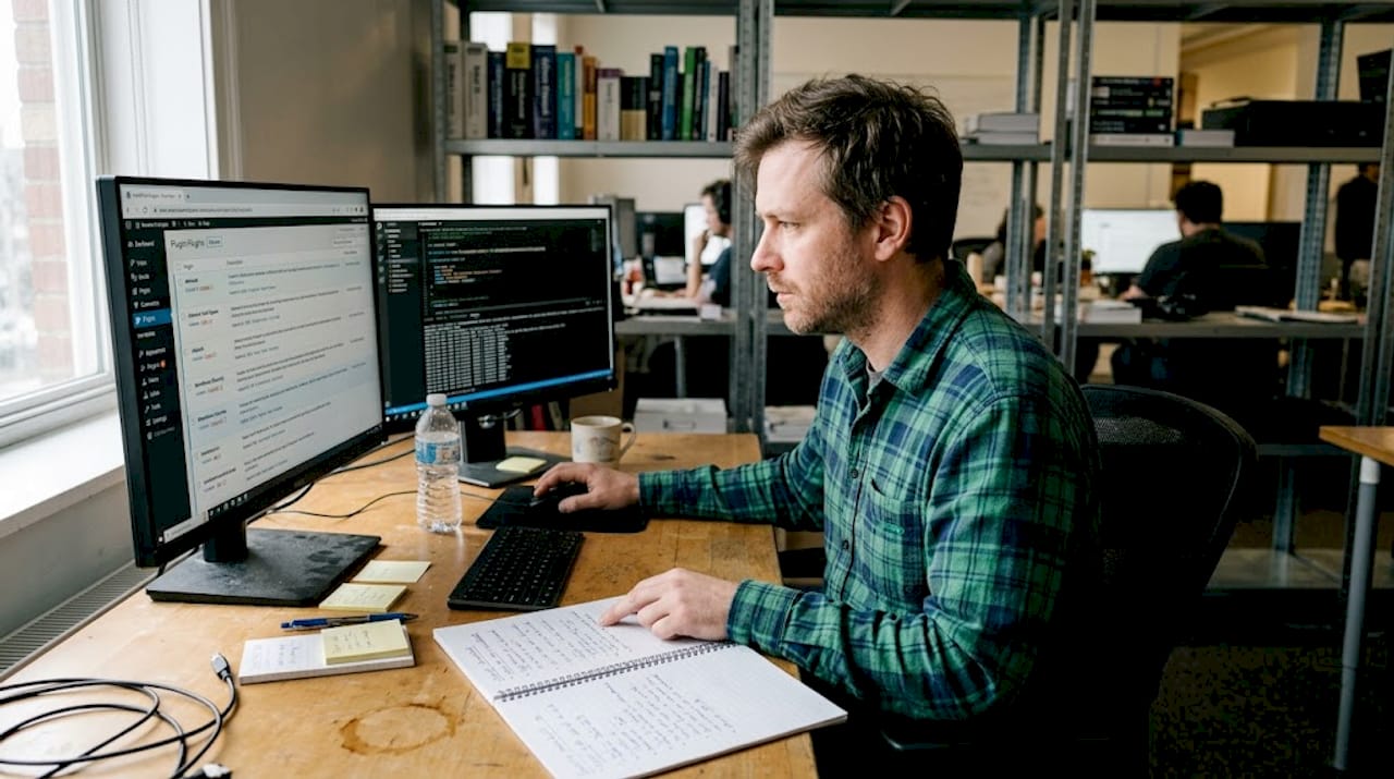 Admin auditing WordPress plugins at desk