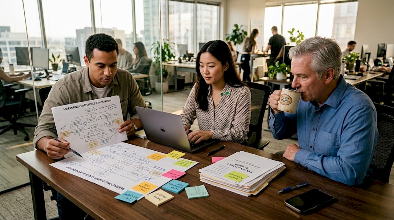 Marketing team discussing compliance workflow